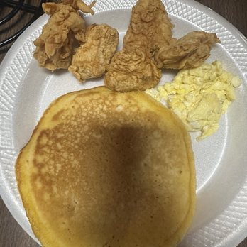 Log Cabin - Fish & pancake breakfast plate - Southern Near Me - Houston, Texas Log Cabin - Fish & pancake breakfast plate - Southern Near Me - Houston, Texas