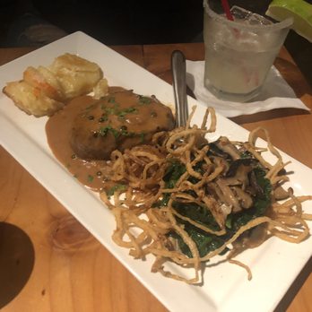 Patria - Filet mignon with Crunchy onion spinach, and fried prawns. - Italian Near Me - Salinas, California Patria - Filet mignon with Crunchy onion spinach, and fried prawns. - Italian Near Me - Salinas, California