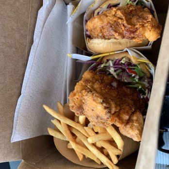 Daybird - Two piping hot Spicy Szechuan Chicken Sandos and fries to go. Worth the wait. - Chicken Shop Near Me - Los Angeles, California Daybird - Two piping hot Spicy Szechuan Chicken Sandos and fries to go. Worth the wait. - Chicken Shop Near Me - Los Angeles, California