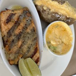 Salmon, broccoli and cheese and baked potato Salmon, broccoli and cheese and baked potato