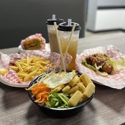 Egg drop sandwich, french fries, takoyaki, and Bibimbap with tofu!