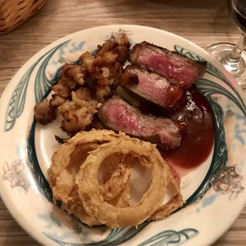 Peter Luger - German potatoes, onion rings, steak medium with house sauce - Steakhouses Near Me - Brooklyn, New York Peter Luger - German potatoes, onion rings, steak medium with house sauce - Steakhouses Near Me - Brooklyn, New York