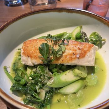 Fifty Vara - Halibut with pea shoots, favas, and asparagus - Cocktail Bars Near Me - San Francisco, California