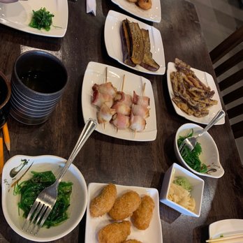 River Japanese Cuisine - Takoyaki, eggplant, quail egg bacon wrap, purple sweet potato fries, seaweed salad, and fried oysters - Japanese Near Me - Bayside, New York