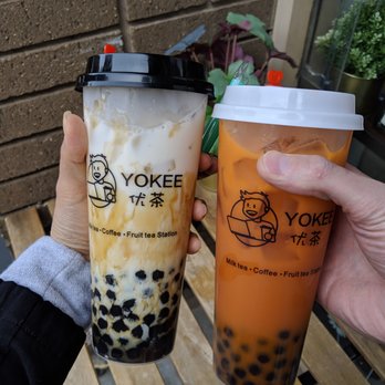 Yokee Milk Tea - volcano milk tea on the left, thai iced tea with almond milk on the right - Bubble Tea Near Me - Oakland, California Yokee Milk Tea - volcano milk tea on the left, thai iced tea with almond milk on the right - Bubble Tea Near Me - Oakland, California