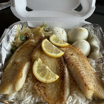 Kajun Seafood & Wings - Grilled tilapia with eggs and some sides. - Seafood Near Me - Morrow, Georgia Kajun Seafood & Wings - Grilled tilapia with eggs and some sides. - Seafood Near Me - Morrow, Georgia