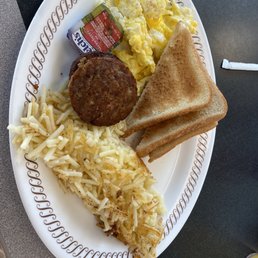 Hash browns, toast, sausage, scrambled eggs Hash browns, toast, sausage, scrambled eggs