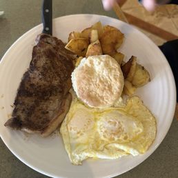 Steak and eggs plate. Was okay just bland Steak and eggs plate. Was okay just bland