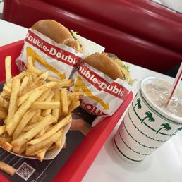 Double double, well done fries, milk shake Double double, well done fries, milk shake