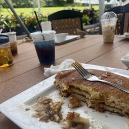Half eaten pancakes and sparkler energy drink Half eaten pancakes and sparkler energy drink