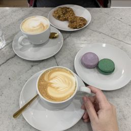 Lavender latte paired with a lavender & pistachio macaron. So yummy!