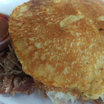 Down South Barbeque - Cornbread pancake with BBQ sandwich. All i can say is wow! - Barbeque Near Me - Foley, Alabama Down South Barbeque - Cornbread pancake with BBQ sandwich. All i can say is wow! - Barbeque Near Me - Foley, Alabama