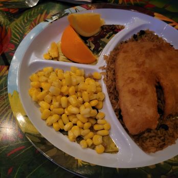 Rainforest Cafe - Kid's meal, breaded fish, corn, and oranges - American Near Me - Auburn Hills, Michigan Rainforest Cafe - Kid's meal, breaded fish, corn, and oranges - American Near Me - Auburn Hills, Michigan