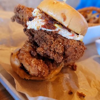 Scratch Kitchen and Taproom - Crispy Chicken Sandwich with Pimento Cheese - American Near Me - Cary, North Carolina Scratch Kitchen and Taproom - Crispy Chicken Sandwich with Pimento Cheese - American Near Me - Cary, North Carolina