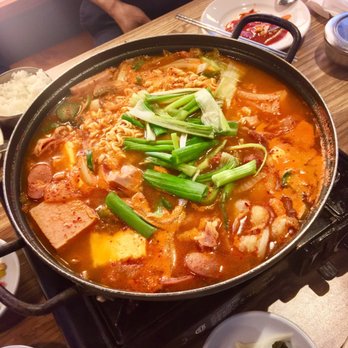 Ahjoomah's Apron - Boodae jun-gol (spicy soup with tofu, spam, sausage, bacon, noodles) - Korean Near Me - Chicago, Illinois Ahjoomah's Apron - Boodae jun-gol (spicy soup with tofu, spam, sausage, bacon, noodles) - Korean Near Me - Chicago, Illinois