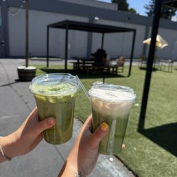 Matcha latte, matcha with strawberry cream top Matcha latte, matcha with strawberry cream top