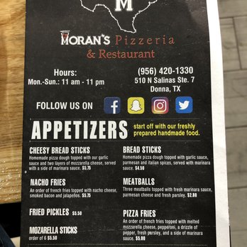 Moran’s Pizzeria and Restaurant - Menu appetizers - Pizza Near Me - Donna, Texas Moran’s Pizzeria and Restaurant - Menu appetizers - Pizza Near Me - Donna, Texas