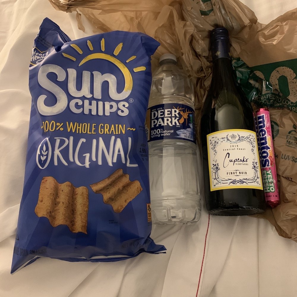 Sun Chips, water, wine and Mentos from Harris Teeter. Sun Chips, water, wine and Mentos from Harris Teeter.