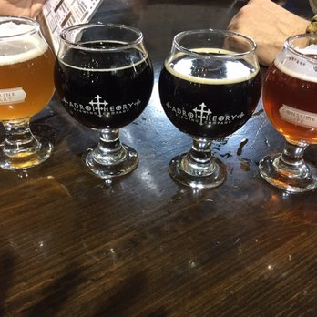 Adroit Theory Brewing - Thanksgiving tasting, left to right: cranberry sauce saison, stuffing stout, sweet potato casserole porter and persona non grata 2.0. - Breweries Near Me - Purcellville, Virginia Adroit Theory Brewing - Thanksgiving tasting, left to right: cranberry sauce saison, stuffing stout, sweet potato casserole porter and persona non grata 2.0. - Breweries Near Me - Purcellville, Virginia