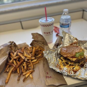 Five Guys - Bacon Cheeseburger extra patty with little Cajun fries and a root beer - Burgers Near Me - Boca Raton, Florida Five Guys - Bacon Cheeseburger extra patty with little Cajun fries and a root beer - Burgers Near Me - Boca Raton, Florida