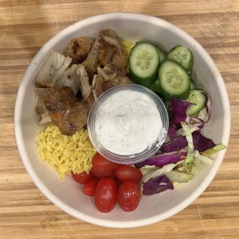 Kalamaki - Yeero bowl - over rice, tomato, cucumber, aegean slaw, tzatziki - Greek Near Me - Hauppauge, New York Kalamaki - Yeero bowl - over rice, tomato, cucumber, aegean slaw, tzatziki - Greek Near Me - Hauppauge, New York