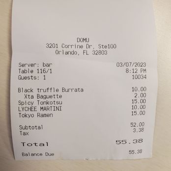 DOMU - Receipt - Ramen Near Me - Orlando, Florida