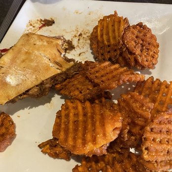 Hug Hes - BBQ Pork Sandwich and sweet potato fries - New American Near Me - Centerville, Utah Hug Hes - BBQ Pork Sandwich and sweet potato fries - New American Near Me - Centerville, Utah