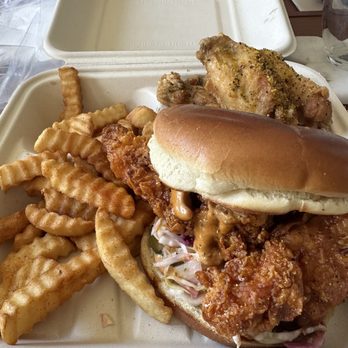 Dogs Chicks - Combo 7: 1 Chicken sando (hot honey) & 4 wings (lemon pepper) w/ crinkle fries - Chicken Wings Near Me - Los Angeles, California Dogs Chicks - Combo 7: 1 Chicken sando (hot honey) & 4 wings (lemon pepper) w/ crinkle fries - Chicken Wings Near Me - Los Angeles, California