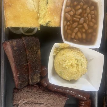 Desert Oak Barbecue - Cornbread, Green Chile & Cheese Rice, beans with the TX trinity - Barbeque Near Me - El Paso, Texas