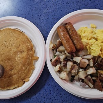 Strikes & Spares Grill - Old Timer's Favorite with sausage, scrambled eggs y pancake - Amusement Parks Near Me - Modesto, California Strikes & Spares Grill - Old Timer's Favorite with sausage, scrambled eggs y pancake - Amusement Parks Near Me - Modesto, California