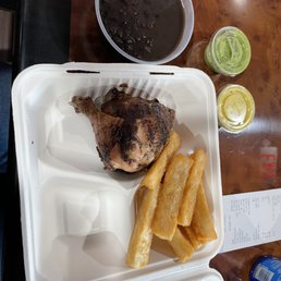 Quarter dark, fried yuca, and beans