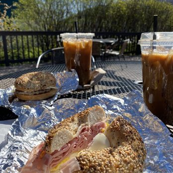 White Mountain Bagel - Ham Egg and Cheese and a Sausage Egg and Cheese on Everything Bagels. An XL iced coffee and a Large Iced Latte with Hazelnut. - Sandwiches Near Me - Lincoln, New Hampshire