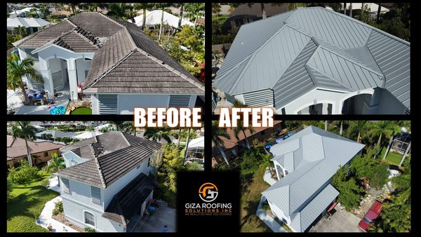 Storm Damaged Roof Before and After - Before & After: Tile to 24-Gauge Standing Seam Metal Roof
Before: Hurricane winds ripped through this old tile roof — broken tiles, leaks, and water intrusion left the home exposed.
After: Our Giza Roofing Solutions crew transformed it with a 24-gauge standing seam metal roof engineered to handle 160+ mph winds, deflect Florida heat, and protect for decades.
Hurricane-rated strength & durability
Energy-efficient reflective finish
Sleek, modern curb appeal
Backed by our Giza Shield Warranty
Installed by Cape Coral’s Best Roofing Company 2025
From storm damage to storm-proof protection — Giza Roofing Solutions has you covered. Storm Damaged Roof Before and After - Before & After: Tile to 24-Gauge Standing Seam Metal Roof
Before: Hurricane winds ripped through this old tile roof — broken tiles, leaks, and water intrusion left the home exposed.
After: Our Giza Roofing Solutions crew transformed it with a 24-gauge standing seam metal roof engineered to handle 160+ mph winds, deflect Florida heat, and protect for decades.
Hurricane-rated strength & durability
Energy-efficient reflective finish
Sleek, modern curb appeal
Backed by our Giza Shield Warranty
Installed by Cape Coral’s Best Roofing Company 2025
From storm damage to storm-proof protection — Giza Roofing Solutions has you covered.