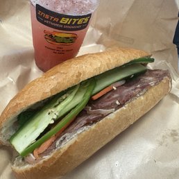 Classic banh mi and Sprite Me-Berry (strawberry puree in Sprite)