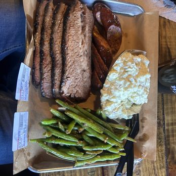 Hutchins BBQ - Brisket, sausage, green beans and potato salad. - Barbeque Near Me - Frisco, Texas Hutchins BBQ - Brisket, sausage, green beans and potato salad. - Barbeque Near Me - Frisco, Texas