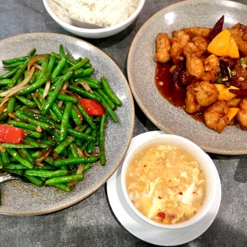 Royal Wok - Green beans, orange chicken and chicken corn soup with house-special chili sauce. - Chinese Near Me - Orange, California