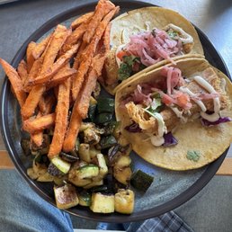 Fish tacos, sweet potato fries, zucchini Fish tacos, sweet potato fries, zucchini