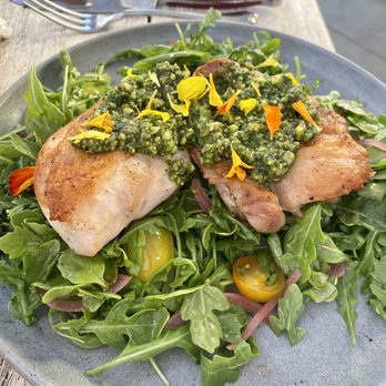 Small Barn - $24 PETALUMA CHICKEN - seared chicken breast with pesto sauce and a vinegar arugula salad. So refreshing, light, and flavorful! - New American Near Me - Temecula, California Small Barn - $24 PETALUMA CHICKEN - seared chicken breast with pesto sauce and a vinegar arugula salad. So refreshing, light, and flavorful! - New American Near Me - Temecula, California