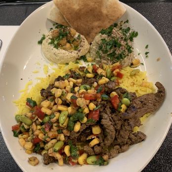 Dish N Dash - Milpitas - Beef schwarma grill w rice  Sides: hummus and babaghanoush - Middle Eastern Near Me - Milpitas, California