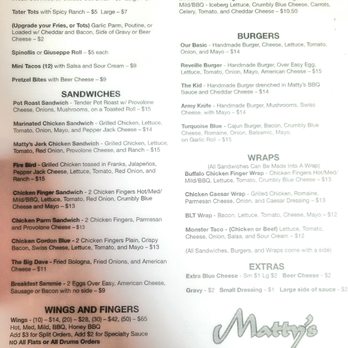 Matty's - a menu for a restaurant - Bars Near Me - Elma, New York