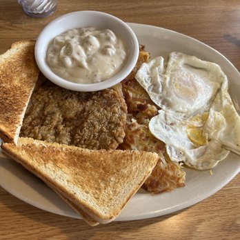 Grumpy's Cafe - #8 Country fried steak, sourdough toast, over easy eggs, hash browns, and gravy on the side - Desserts Near Me - Rockaway Beach, Oregon
