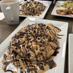 Double egg - Malt peanut butter chocolate banana pancakes. Wow
