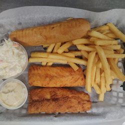 Timberland Bar and Grill - Fried cod, French fries, bread stick, and coleslaw