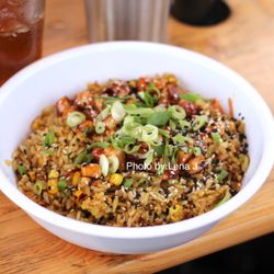 Detroit Street Filling Station - Fried Rice ($14.50) - brown basmati rice with carrots, onions, corn, peas, scallions & sesame seeds, marinated tofu, General Tso's sauce
