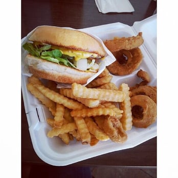 Lighthouse Seafood Restaurant - Cheese burger with fries and onion rings - Seafood Near Me - Houston, Texas