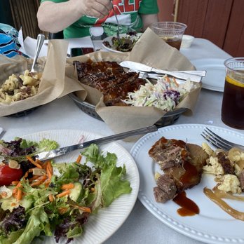 Big Fatty's BBQ - Fatty's salad with maple syrup balsamic and garlic Parmesan almonds, pork loin ribs:brisket and slaw    , Mac and cheese with brisket! - Barbeque Near Me - White River Junction, Vermont