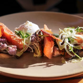 Auction Rooms - Lightly cured Ocean Trout steamed rare, with toasted almonds, cauliflower, young fennel and ham crisps. ($16.00) + Poached Egg ( - Breakfast & Brunch Near Me - North Melbourne, VIC