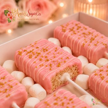 L&A Amor & Sugar - Handcrafted pink Rice Krispies Pops dipped in premium chocolate, finished with elegant drizzle and golden sprinkles. Perfect for gifts, - Desserts Near Me L&A Amor & Sugar - Handcrafted pink Rice Krispies Pops dipped in premium chocolate, finished with elegant drizzle and golden sprinkles. Perfect for gifts, - Desserts Near Me
