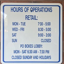 US Post Office - Hours of operation as of 12/10/2023.