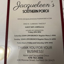 Jacqueleen's Southern Porch - Front menu